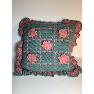 Handmade Crochet Square Throw Pillow Teal Pink Flower Ruffle Accent Decor 10x12